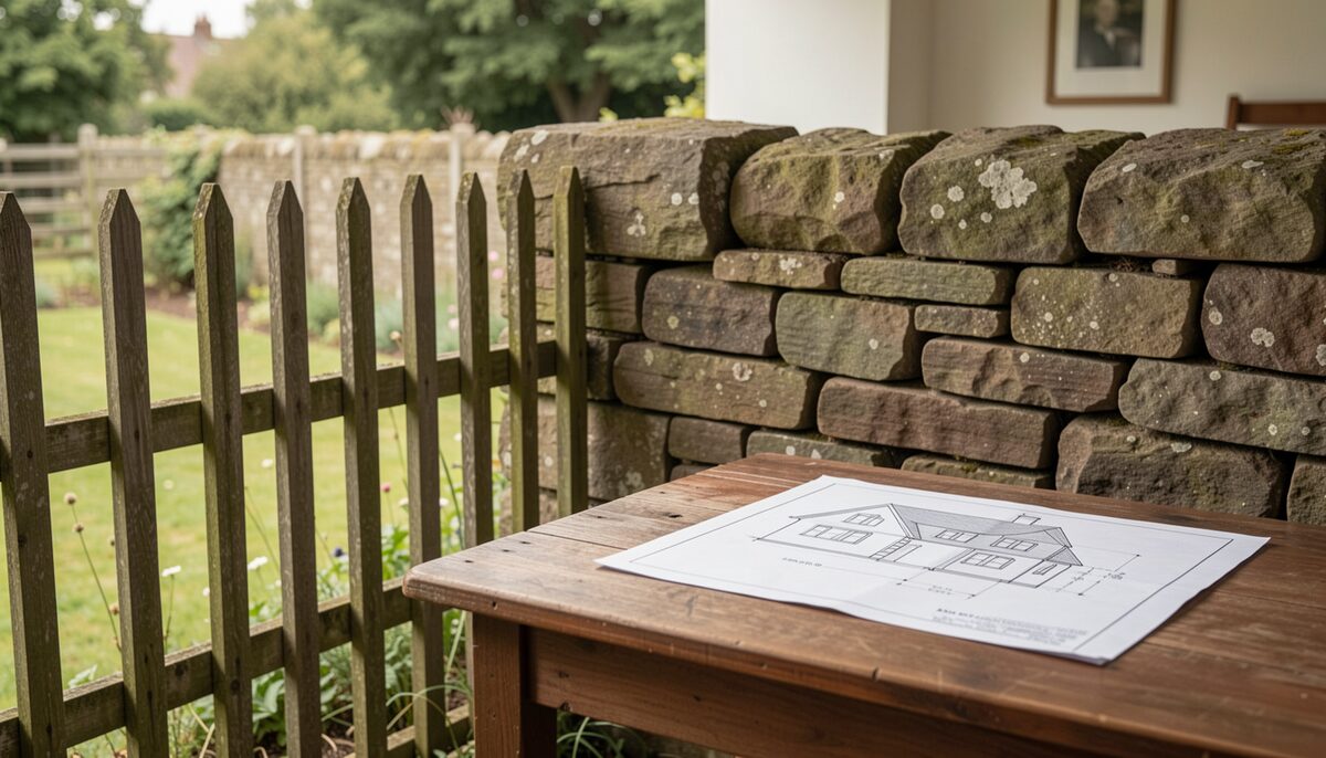 An old garden fence line meeting a stone wall, with a house title plan sketch on a table indoors