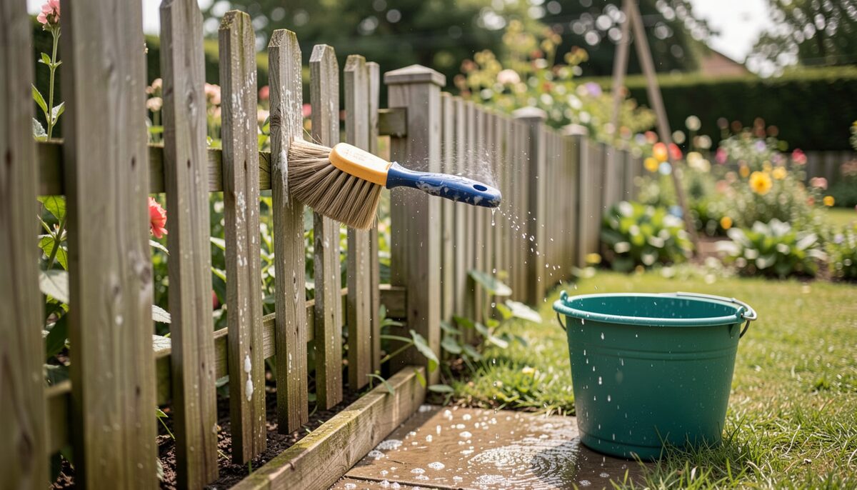 A garden fence being scrubbed with a stiff brush, with water droplets and a bucket on the ground