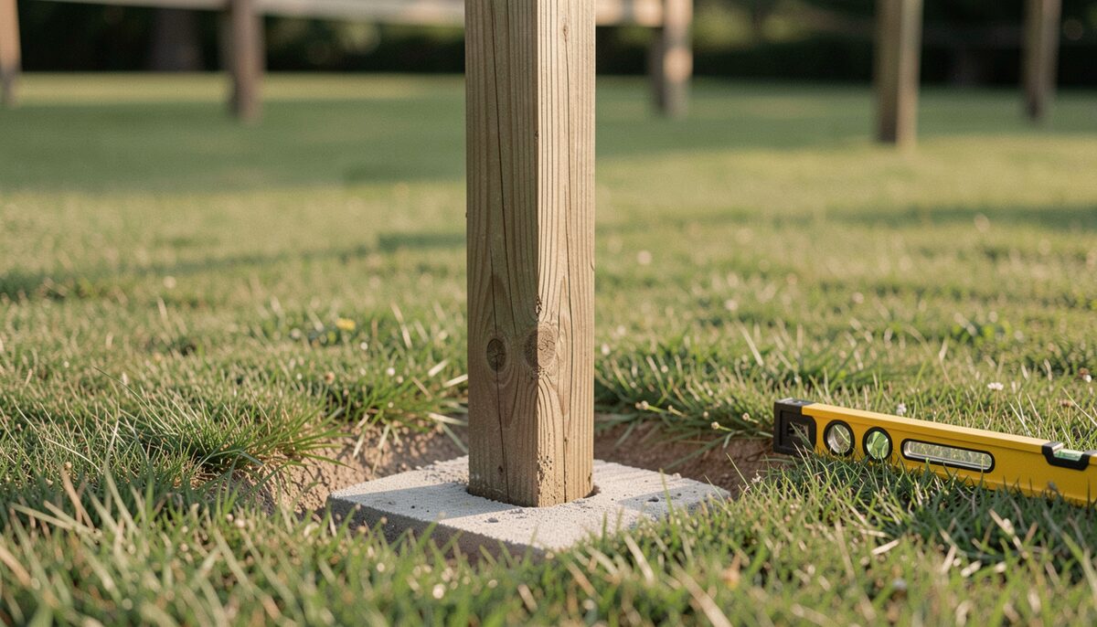 A fence post set into a concrete base at the edge of a lawn with a spirit level nearby