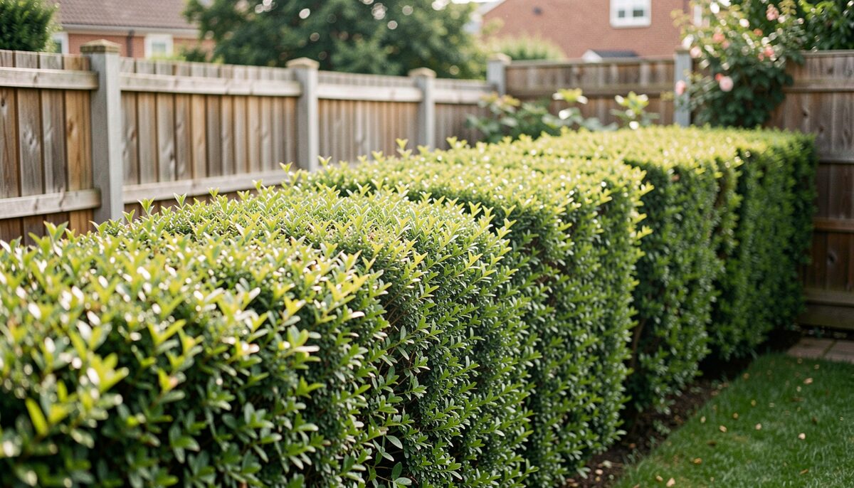 A clipped garden hedge running alongside a timber fence at the end of a small back garden