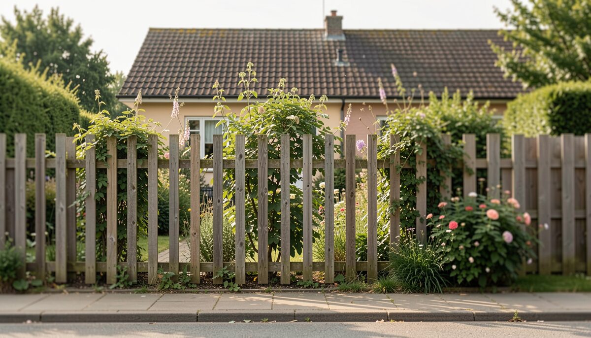 A tall garden fence viewed from a pavement with a house roofline behind it