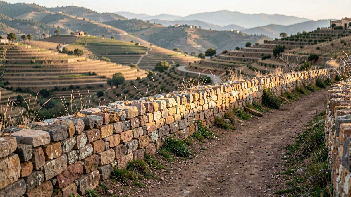 A dry-stone boundary wall crossing terraced hillsides in inland Valencia, photographed in low morning light with a footpath running alongside, framed as a wide landscape.