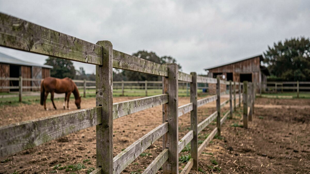 A wooden paddock fence on an overcast morning, with a stable yard and a grazing horse soft in the background, shot from a low angle along the rail.