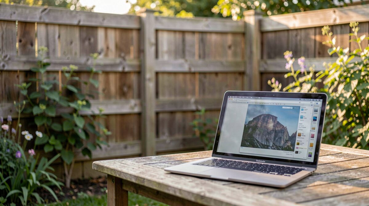 A wooden garden fence panel in soft morning light, with a laptop resting on a garden table in the foreground, framed to show both fence and screen