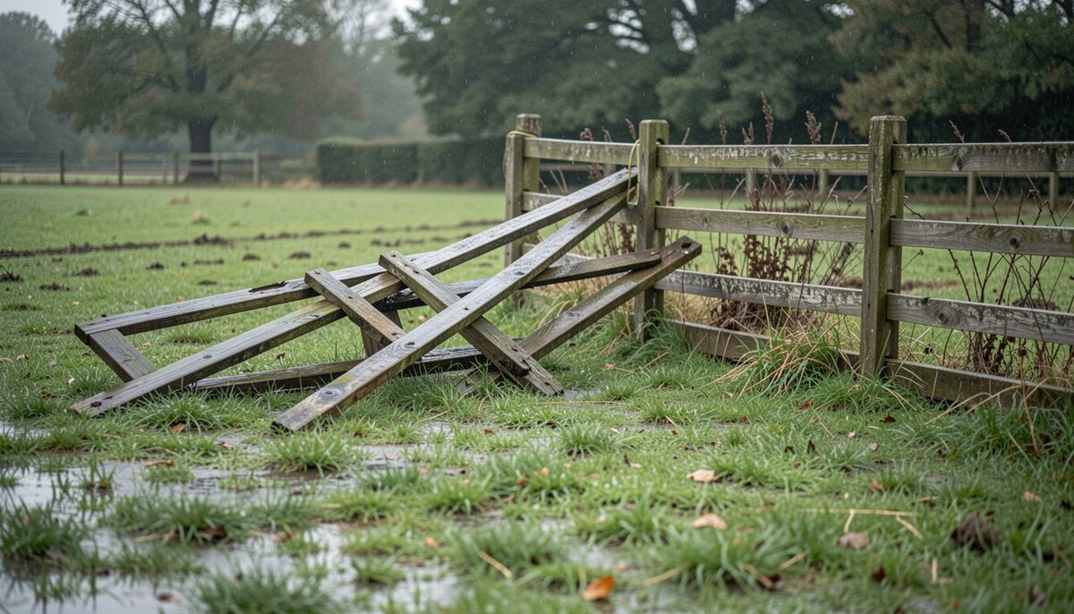 A fallen timber fence panel lying on wet grass beside an intact section after a storm