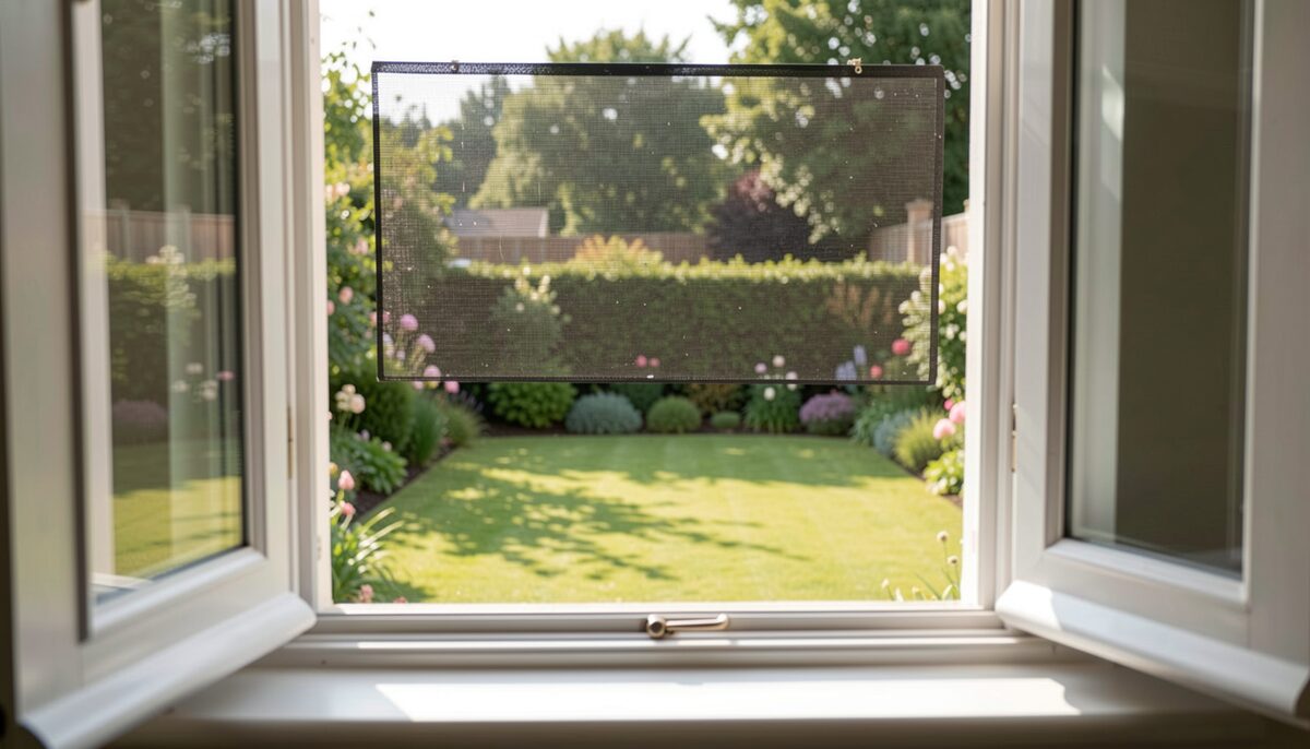 A garden screening panel viewed from a neighbouring window with daylight falling across a lawn