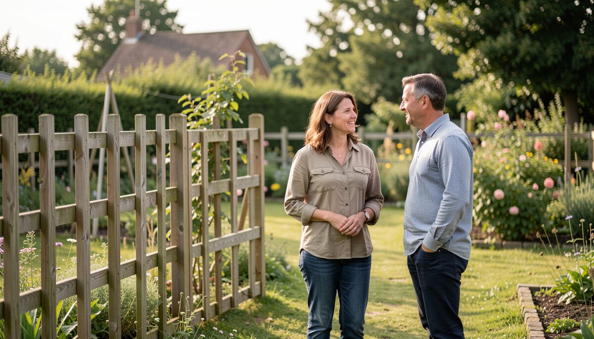 Two neighbours standing at a garden boundary talking beside a partly built fence