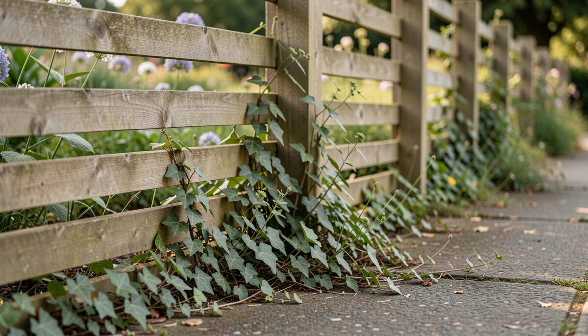 Ivy and weeds growing through the base of a timber fence beside a garden path